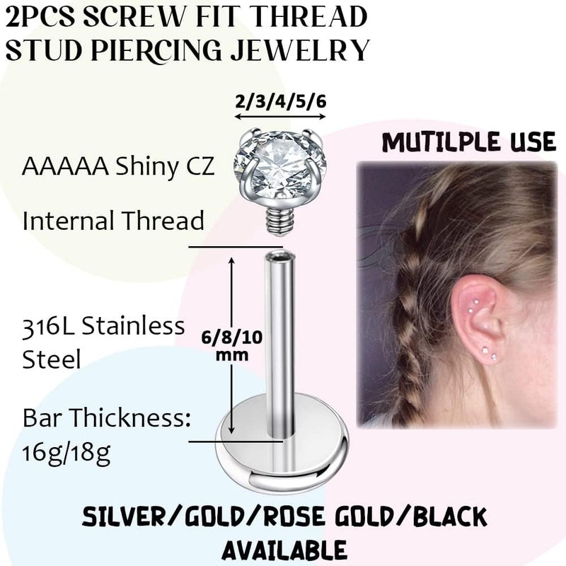 PunkTracker 16g/18g Surgical Steel Internal Thread CZ Stud Piercing Jewelry for Tragus/Nose/Helix/Conch/Medusa/Lip/Labret - Helix Tragus Cartilage Earring for Women Men 2PCS - Image 2